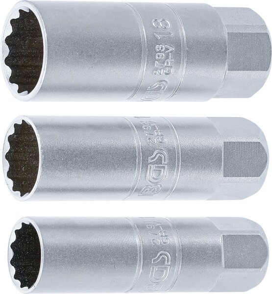 Zündkerzen-Einsatz-Satz Zwölfkant | Antrieb Innenvierkant 10 mm (3/8") | SW 14 - 16 - 18 mm | 3-tlg.